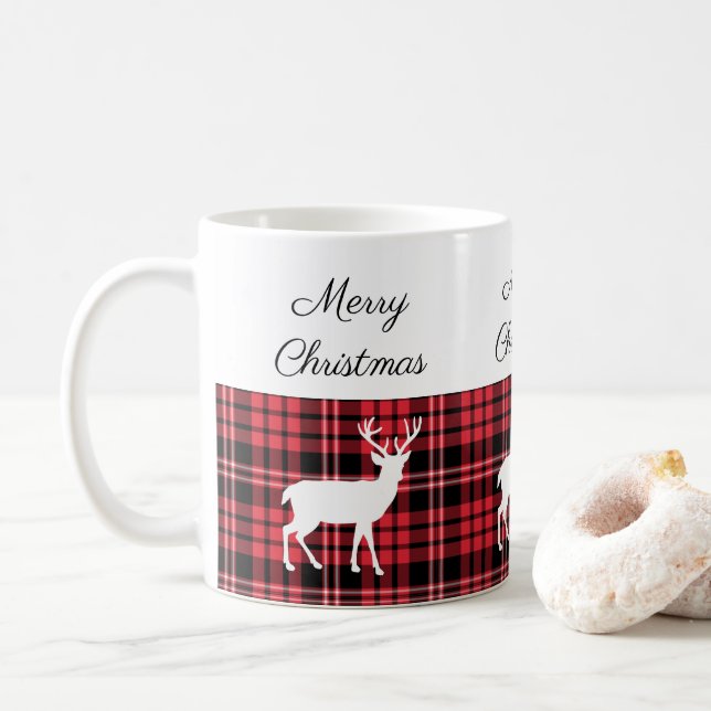 Classic Red Plaid Stag Merry Christmas Coffee Mug (With Donut)