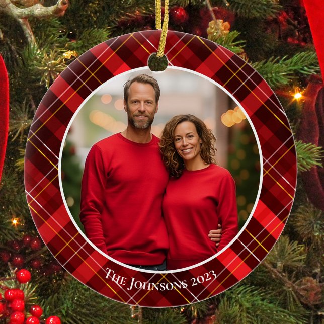 Classic Red Plaid Tartan Christmas Family Photo Ceramic Tree Decoration (Creator Uploaded)