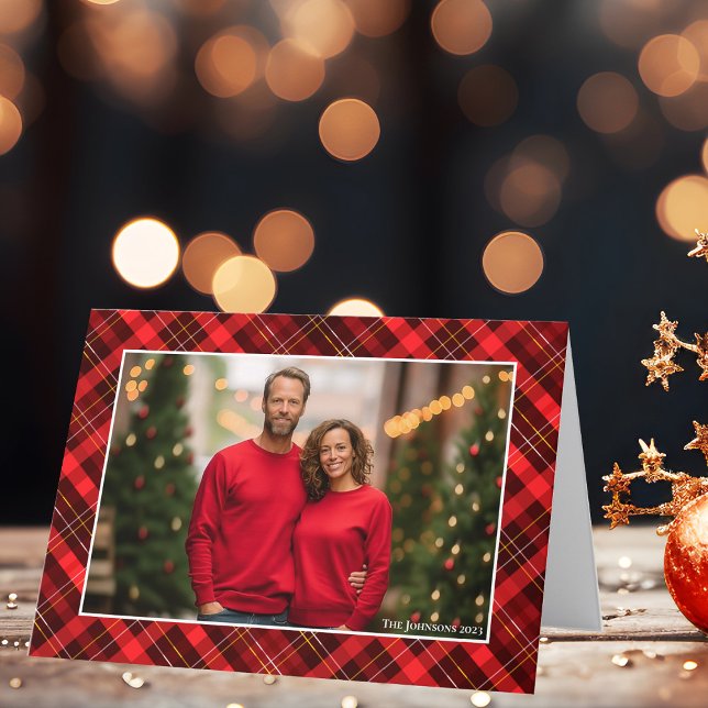 Classic Red Plaid Tartan Christmas Photo Folded Holiday Card (Creator Uploaded)