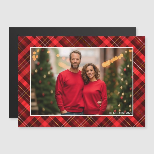 Classic Red Plaid Tartan Christmas Photo Magnet (Front/Back)