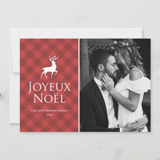 Classic Red Plaid with Deer Joyeux Noël Photo Holiday Card (Front)
