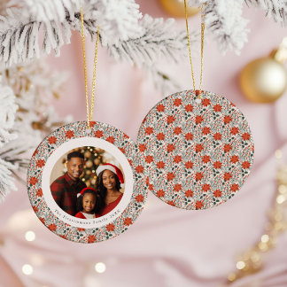 Classic Red Poinsettia 1 Family Photo Christmas Ceramic Tree Decoration