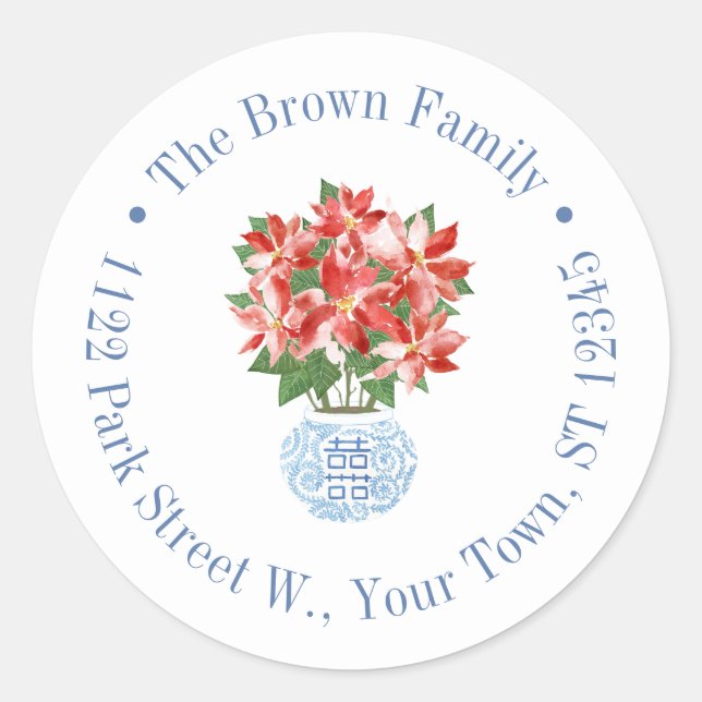Classic Red Poinsettia Christmas Return Address Round Sticker (Front)