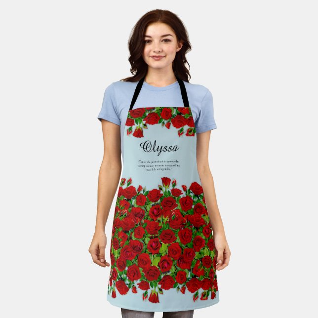 Classic Red Rose Garden Romantic Custom Name  Apron (Worn)