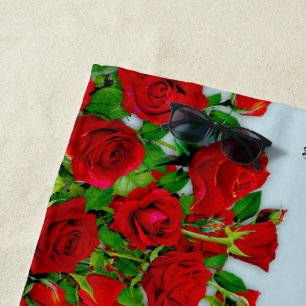 Classic Red Rose Garden Romantic Custom Name Beach Towel