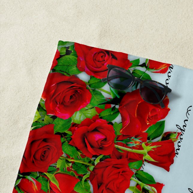 Classic Red Rose Garden Romantic Custom Name  Beach Towel (In Situ)