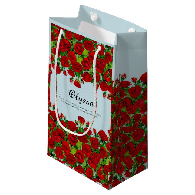Classic Red Rose Garden Romantic Custom Name  Small Gift Bag (Front Angled)