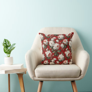 Classic Red Rose White Floral Pattern Cushion