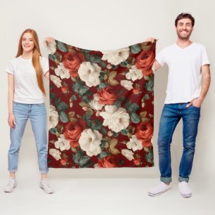 Classic Red Rose White Floral Pattern Fleece Blanket