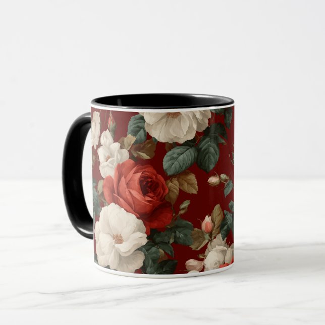 Classic Red Rose White Floral Pattern Mug (Front Left)