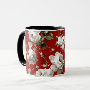 Classic Red Rose White Floral Pattern Mug