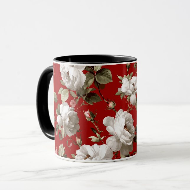 Classic Red Rose White Floral Pattern Mug (Front Left)