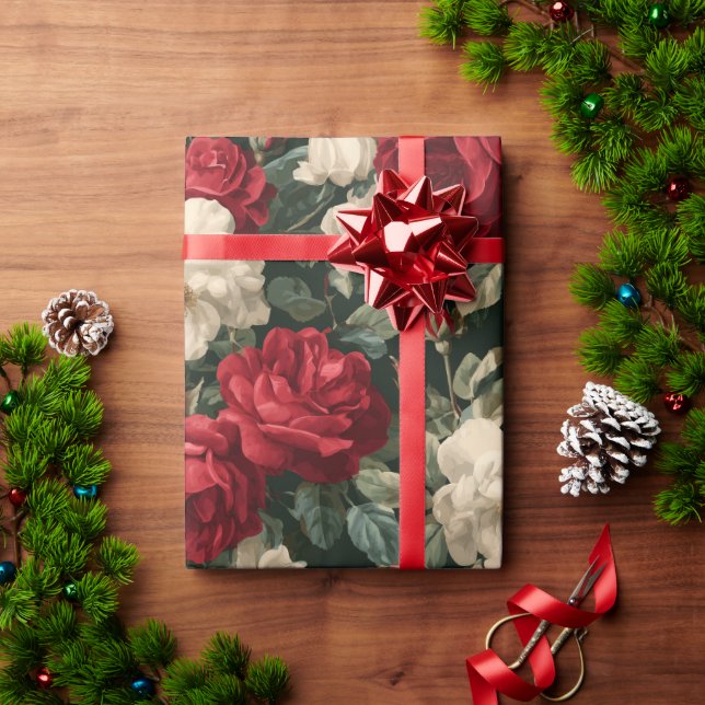 Classic Red Rose White Floral Pattern Wrapping Paper (Holiday Gift)