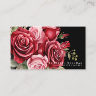 Classic Red Roses Black Business Cards