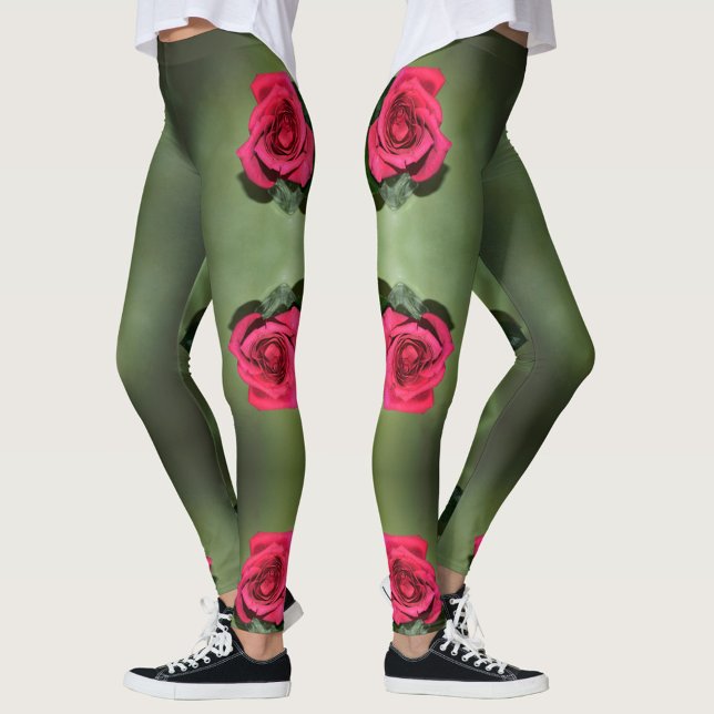 Classic Red Roses Elegant Floral Green Leggings (Creator Uploaded)