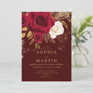 Classic Red Roses Gold Elegant Flower Wedding Invitation
