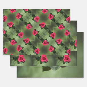 Classic Red Roses on Green Floral Wrapping Paper Sheet