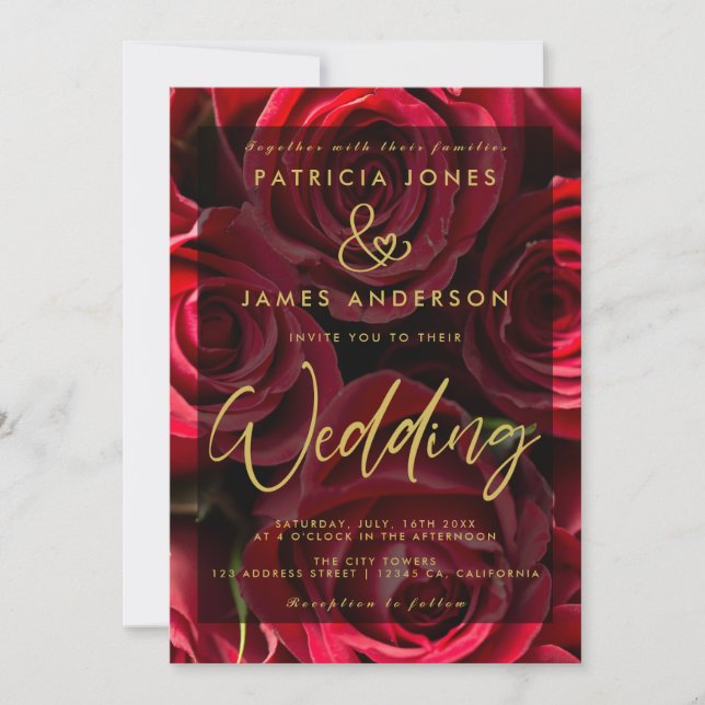 Classic Red Roses Overlay Wedding Invitation (Front)