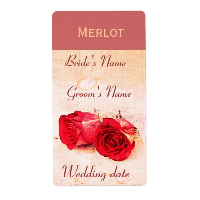 Classic red roses wedding wine bottle lable (Front)
