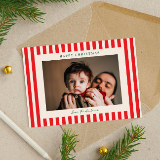 Classic Red Stripe One Photo Christmas Holiday Card
