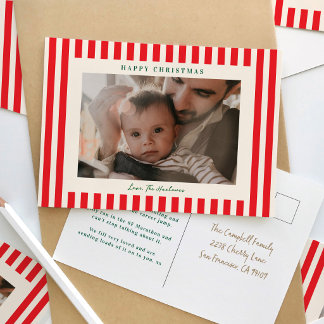 Classic Red Stripe One Photo Christmas Holiday Postcard