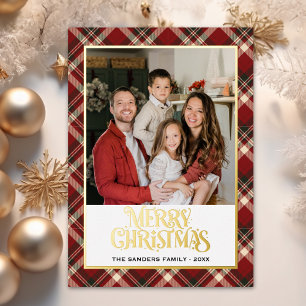 "Classic Red Tartan Christmas Card with Gold Foil 