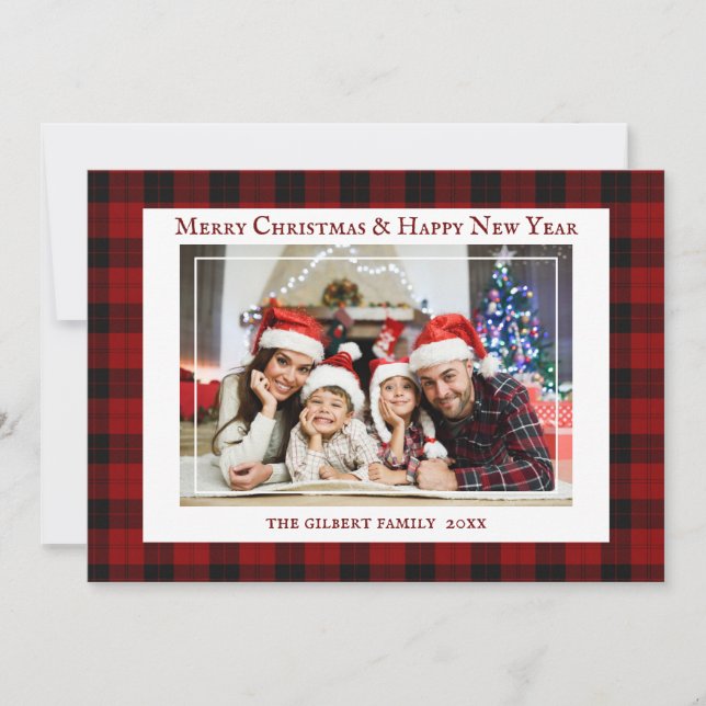 Classic Red Tartan Christmas Family Photo Holiday Card (Front)