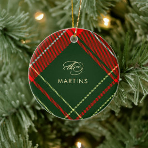 Classic Red Tartan Plaid Name and Photo Christmas Ceramic Tree Decoration