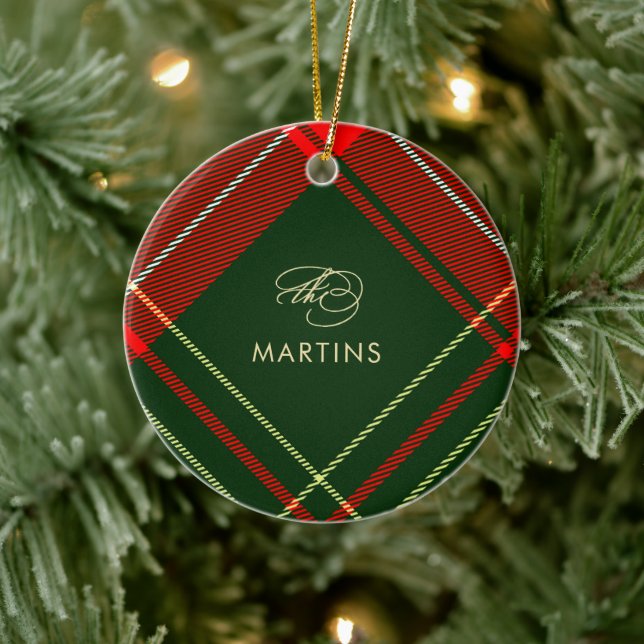 Classic Red Tartan Plaid Name and Photo Christmas Ceramic Tree Decoration (Tree)