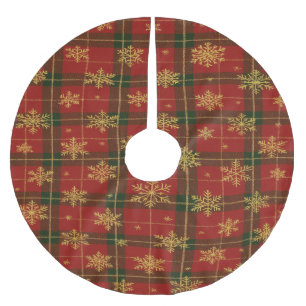 Classic Red Tartan with Golden Snowflakes Brushed Polyester Tree Skirt