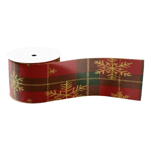 Classic Red Tartan with Golden Snowflakes Grosgrain Ribbon (Spool)