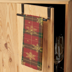 Classic Red Tartan with Golden Snowflakes Tea Towel