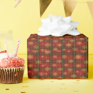 Classic Red Tartan with Golden Snowflakes Wrapping Paper