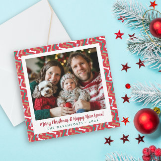 Classic Red & Teal Dog Bone Pattern Family Photo Holiday Card