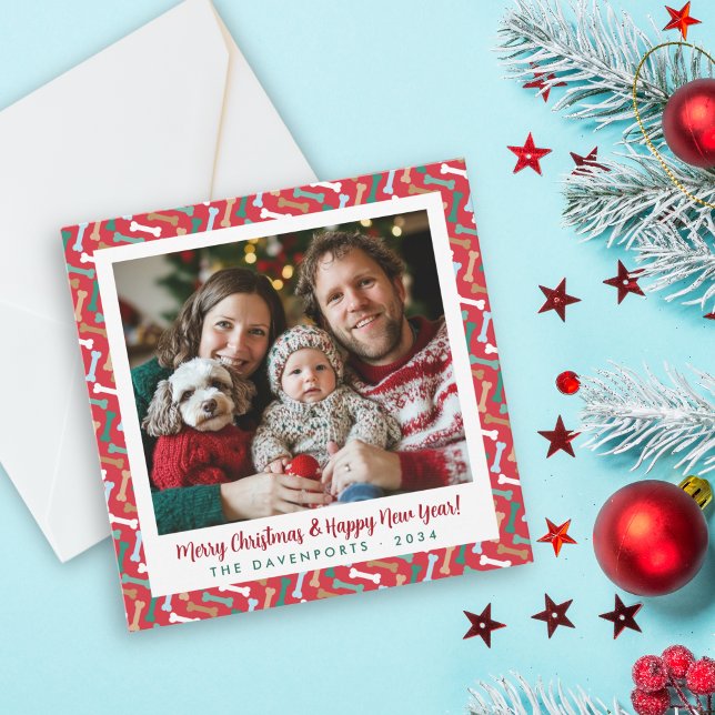 Classic Red & Teal Dog Bone Pattern Family Photo Holiday Card (Classic Red & Teal Dog Bone Pattern Family Photo Holiday Card)