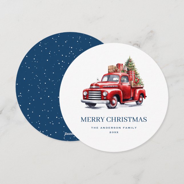 Classic Red Truck Blue Merry Christmas Card (Front/Back)