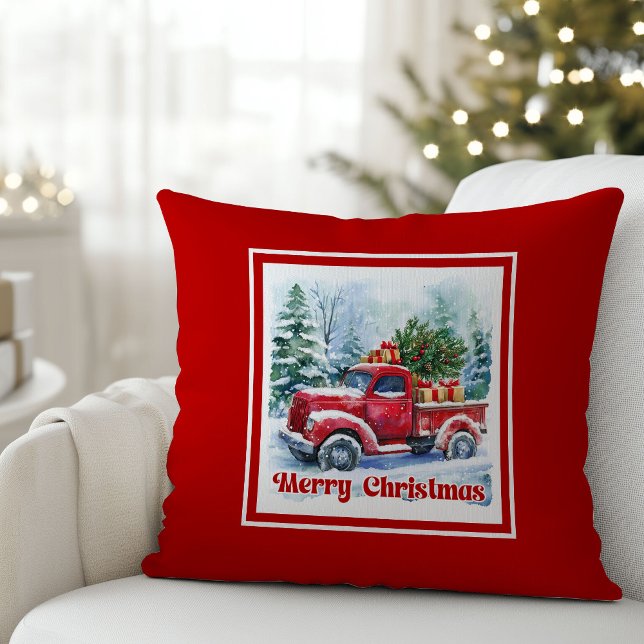 Classic red truck Christmas scene rustic holiday  Cushion (Bring timeless holiday charm into your home with this beautifully illustrated watercolor Christmas r)