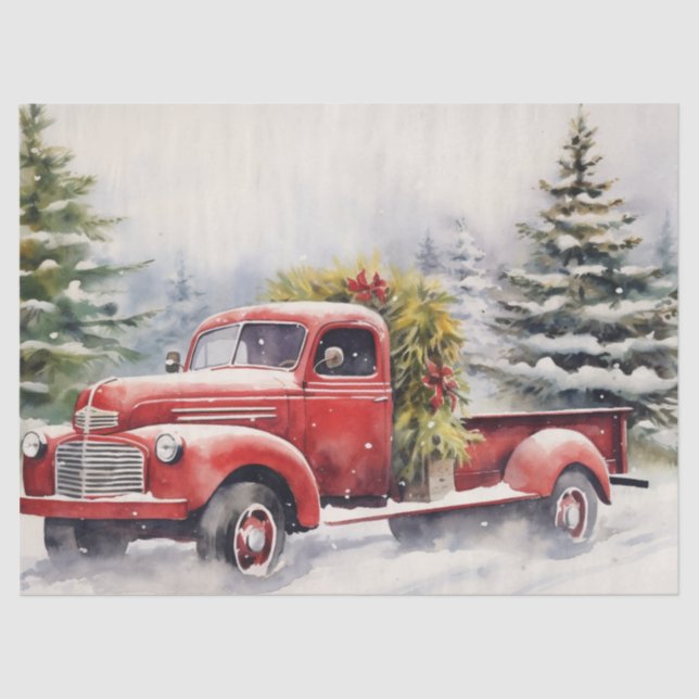 Classic Red Truck Hauling Christmas Greenery Tissue Paper (Front)