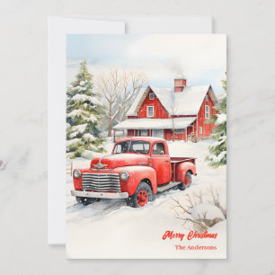Classic red truck snowy cosy Christmas scene Holiday Card