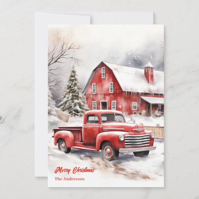 Classic red truck snowy cosy Christmas scene Holiday Card (Front)