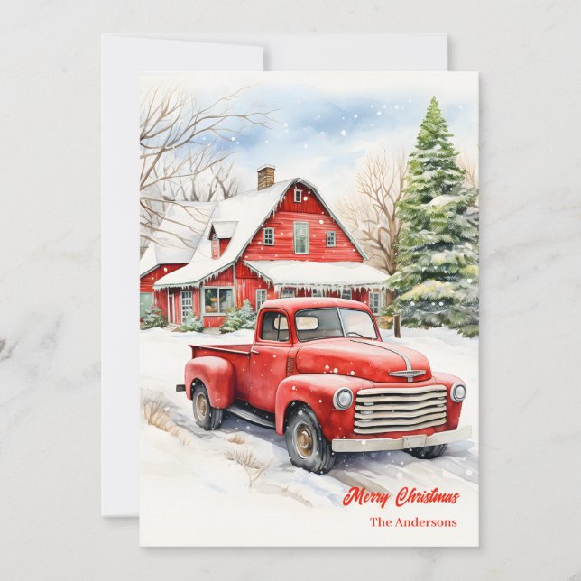 Classic red truck snowy cosy Christmas scene Holiday Card (Front)