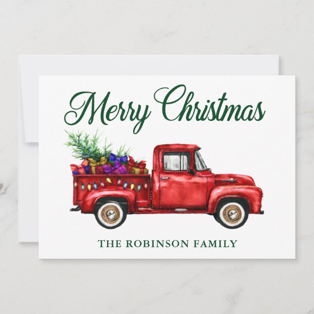 Classic Red Truck Tree Gifts Christmas Family Name Holiday Card (Front)