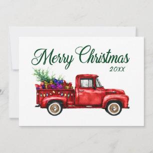 Classic Red Truck Tree Gifts Merry Christmas Year Holiday Card