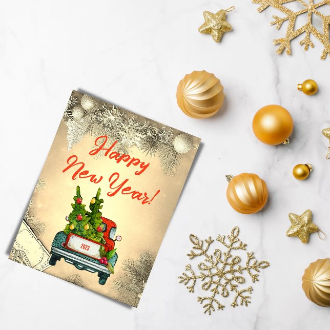 Classic Red Truck Tree Happy New Year Greetings Holiday Postcard (Creator Uploaded)