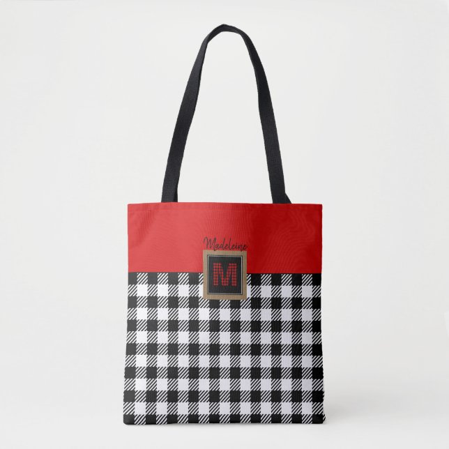 Classic Red White & Black Buffalo Plaid Monogram Tote Bag (Front)