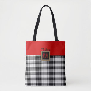 Classic Red White & Black Buffalo Plaid Monogram Tote Bag