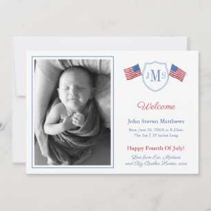 Classic Red White Blue Monogram Baby Boy Birth Announcement