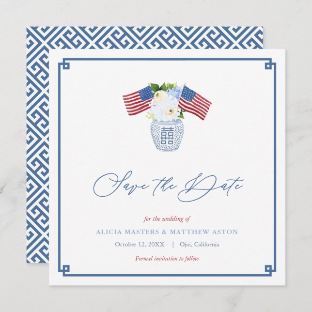 Classic Red White Blue USA Flag Ginger Jar Wedding Save The Date (Front/Back)