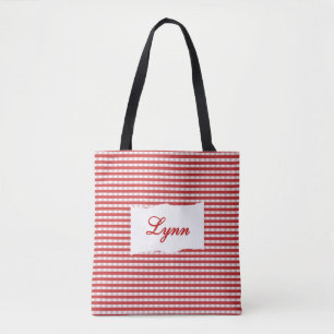 Classic Red & White Gingham   Personalised Name Tote Bag
