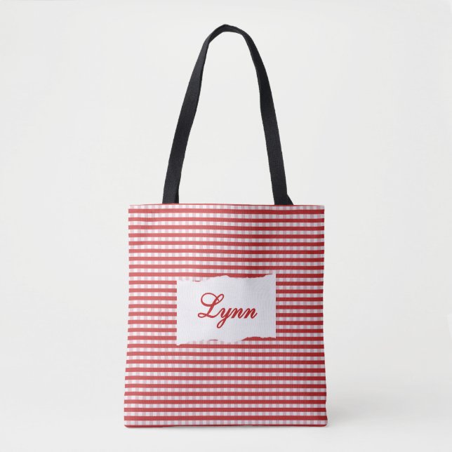 Classic Red & White Gingham | Personalised Name Tote Bag (Front)